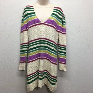 Free People Gidget Sweater Dress V Neck Ivory Multi Color Striped Knit Size M